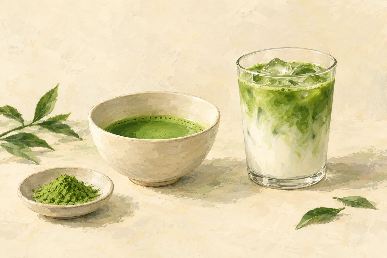 Illustration of matcha prepared with water beside a matcha latte.
