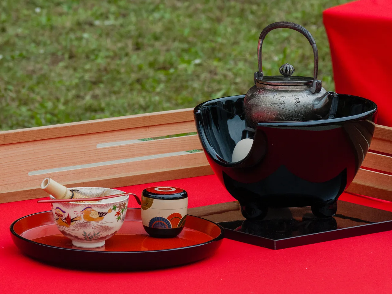 Utensils arranged for a Japanese tea ceremony.